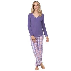 PajamaGram Lightweight Fleece Pajama Set Purple Plaid V-Neck Long Sleeve Size M